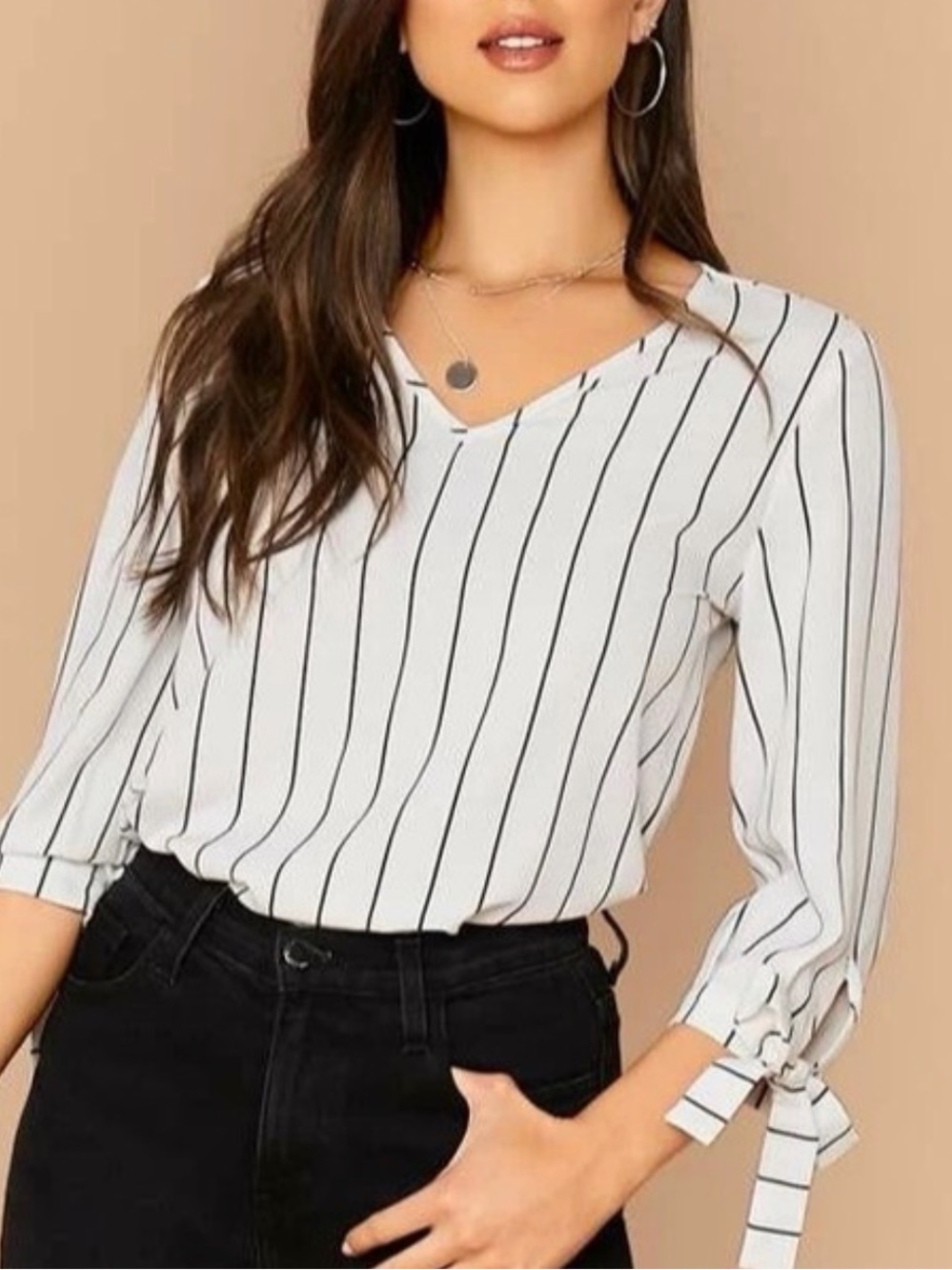 SHEIN White Blouse with Black Vertical Stripes